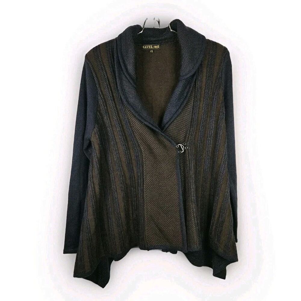 Woman’s Gizel Blue & Brown Block Design Sweater Jacket Acrylic Wool Blend L/XL
